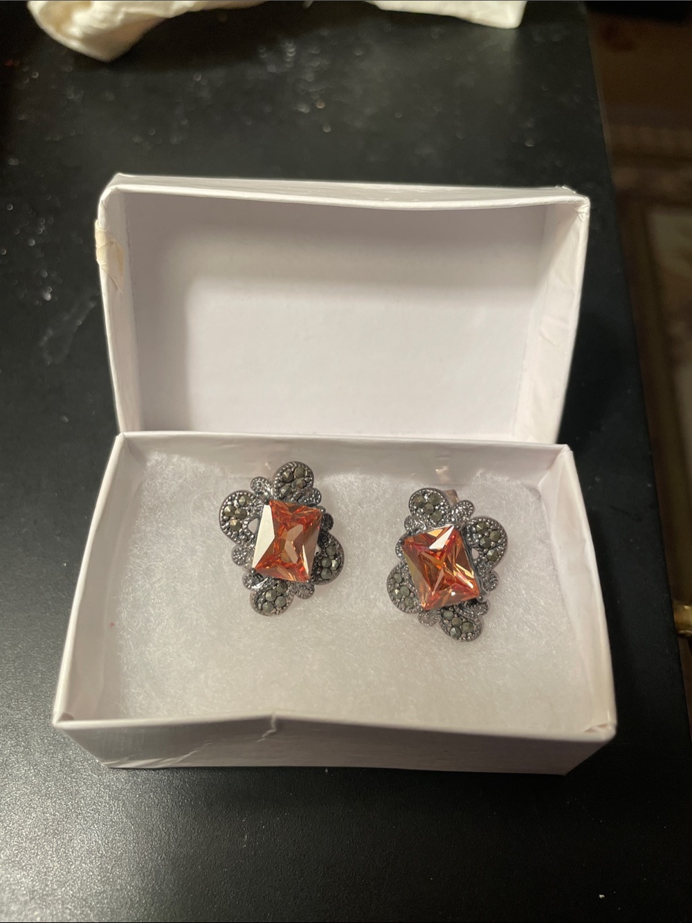 Orange Crystal Stud Earrings with Pave Silver Accents